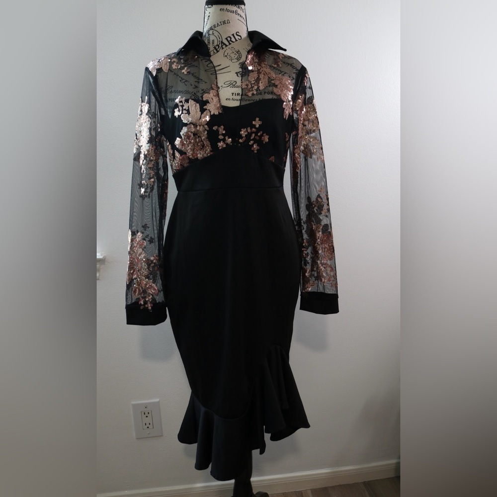 Y2k Slit Ruffle Hem Long Sleeve Collared Floral Black Gold  Dress Women Sz Large